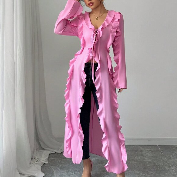 Pink Casual Women's Elegant Long Sleeve Ruffle Blouse - Picture 7 of 7